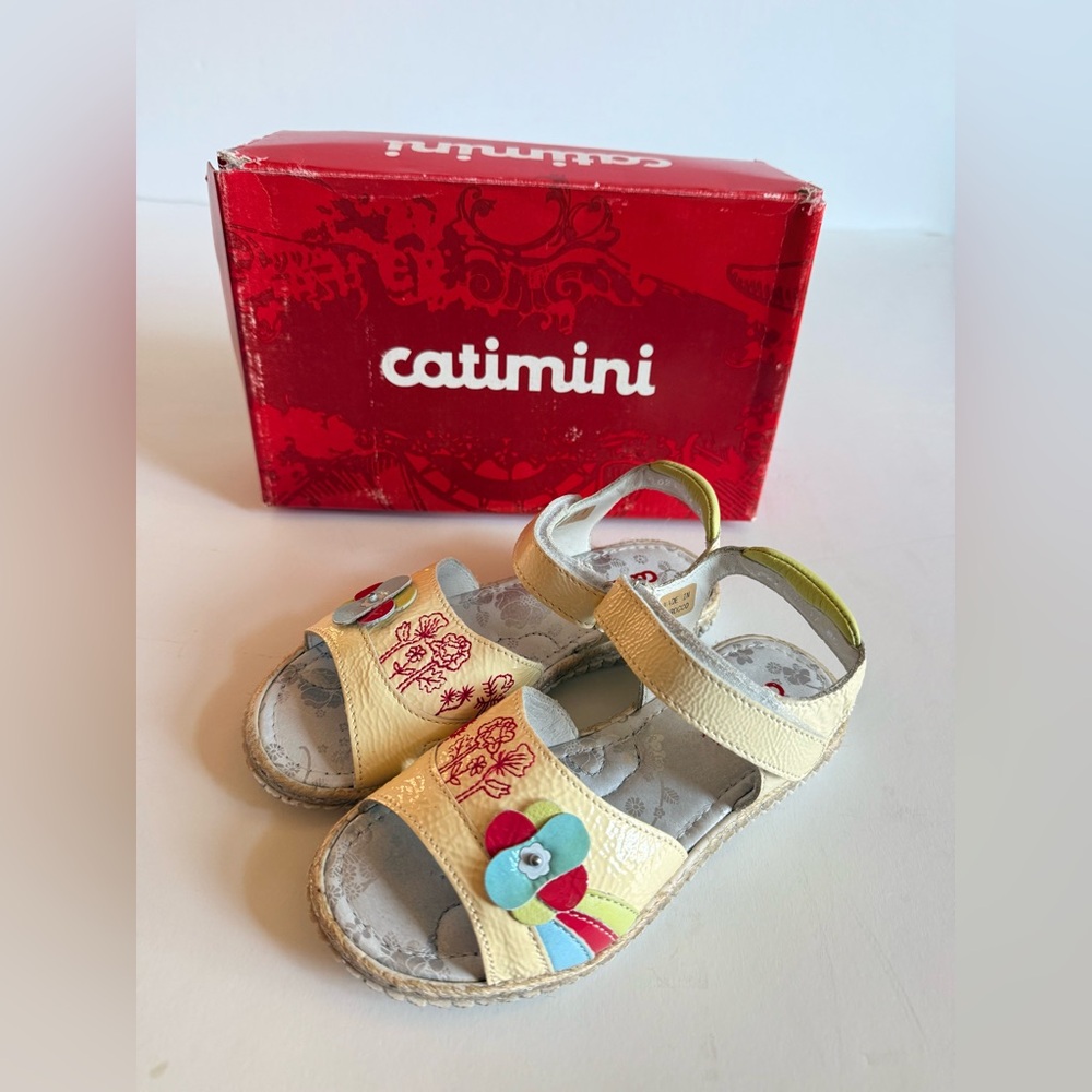 Catimini Leather Sandals Sz US 13 Cream Multi Floral Embroidery Made Morocco NIB